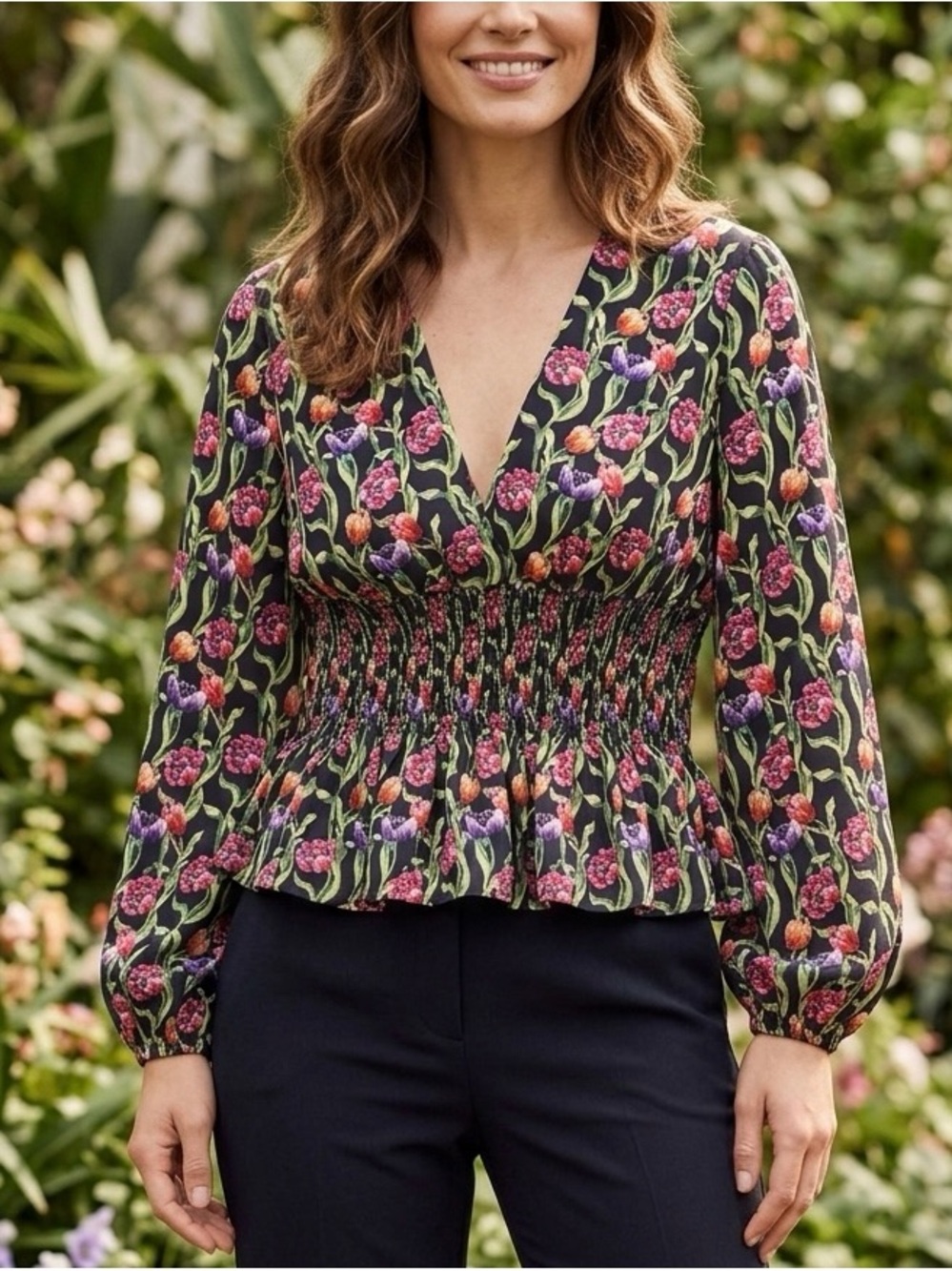S Deer Smocked V-Neck Floral Blouse in Black with Pink & Green Print
